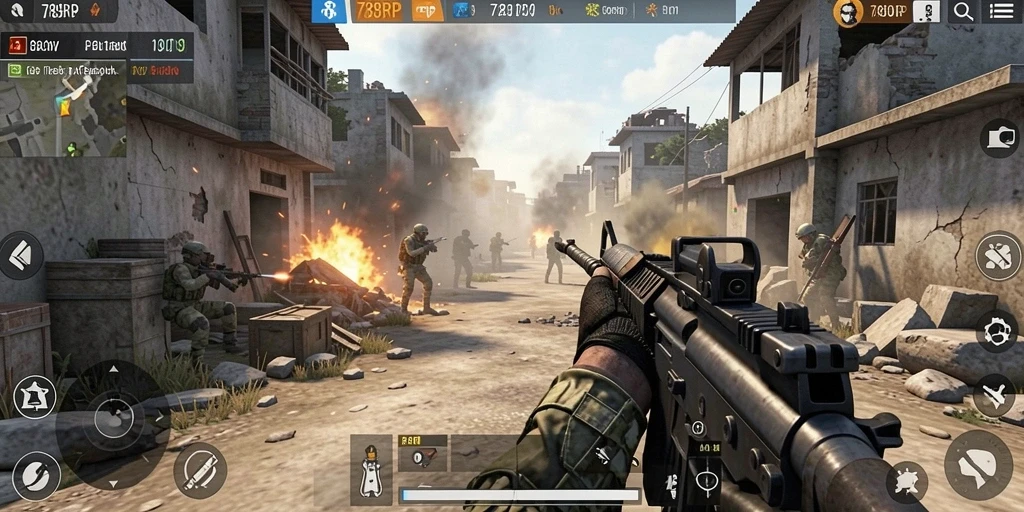 Screenshot utama 789RP yang menampilkan aksi pertempuran FPS yang mendebarkan.