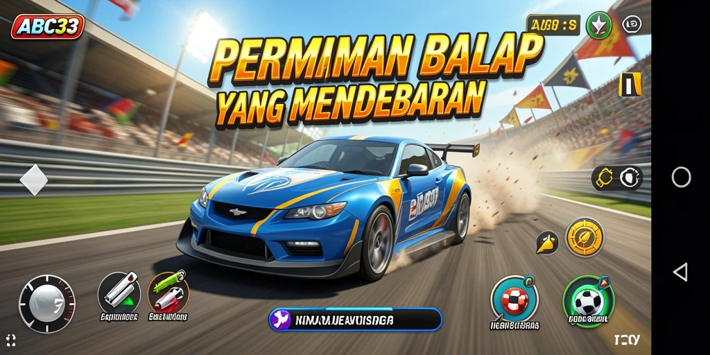 Screenshot gameplay ABC33 menampilkan aksi balap seru di lintasan.