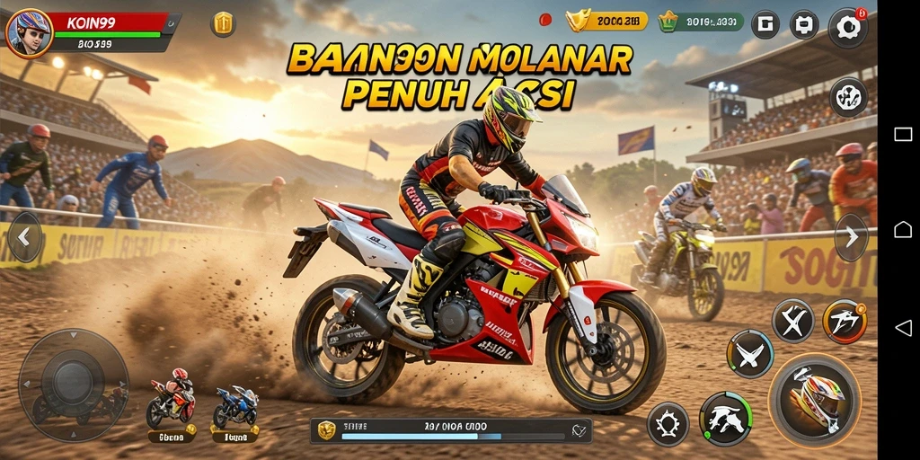 Screenshot utama KOIN99 menampilkan peluncuran motor di lintasan balapan.