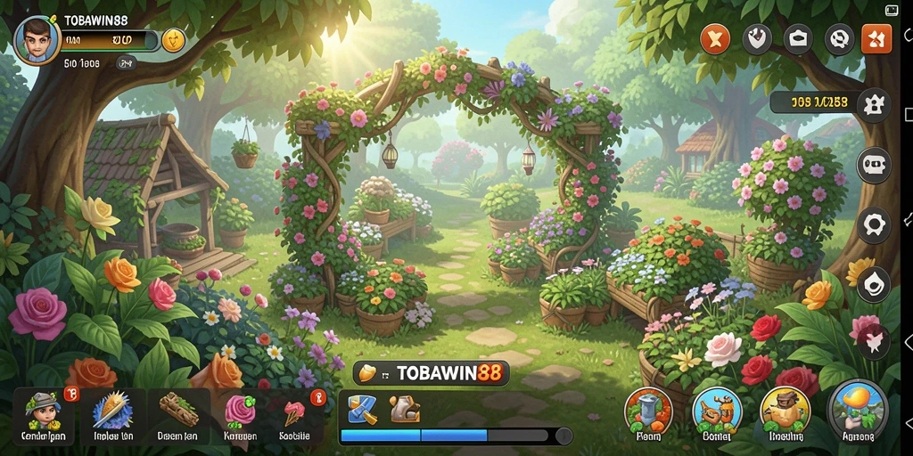 Screenshot game TOBAWIN88 menampilkan kebun yang subur dan hewan ternak.